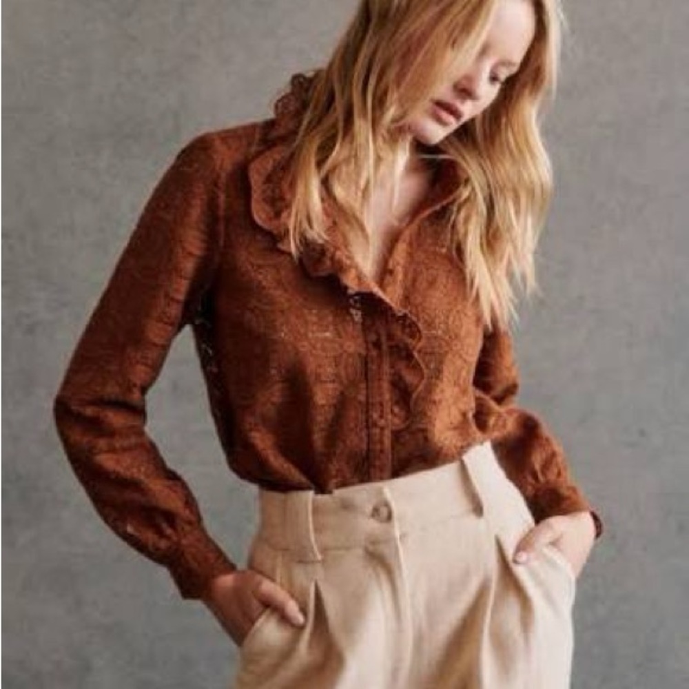 Sezane Chocolate Lace Guipire Chloe Shirt, 6/38